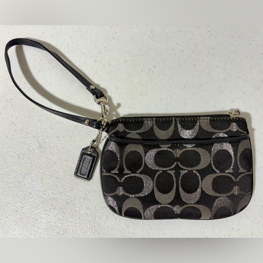 Coach Signature Monogram Corner Zip Wristlet Coin/ID Purse Black, Gray, Silver